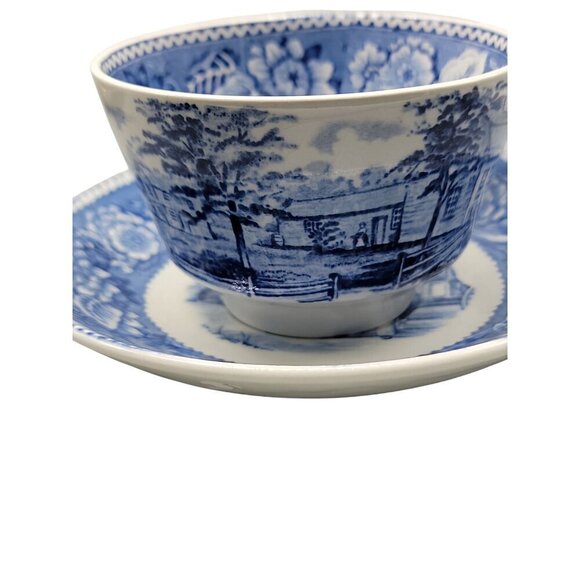 Wood & Sons Teacup & Saucer Blue Transferware Old Sturbridge Village Vintage - Picture 16 of 16